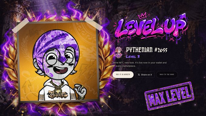 A 'LEVEL UP' announcement graphic for PYTHENIAN #2655 reaching Level 3, showing a cartoon character with a purple bandana in a gold frame surrounded by purple flames, with a 'MAX LEVEL' stamp.