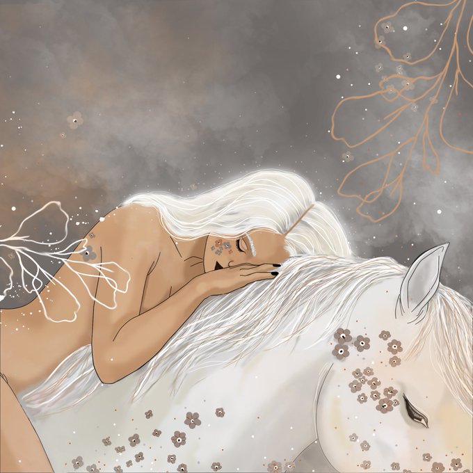 A digital illustration of a white-haired figure with a flower crown resting peacefully against a white unicorn adorned with small flowers, set against a misty gray background.