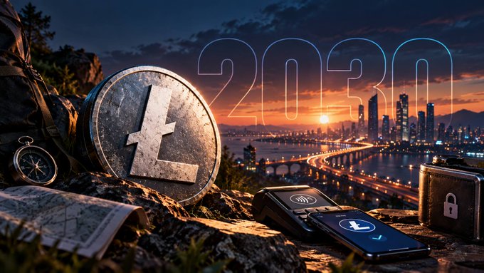 A large metallic Litecoin coin with the iconic "Ł" symbol rests on rocky terrain alongside a compass, map, payment terminal, and locked safe, with "2030" illuminated in neon over a sunset cityscape. The image visually reinforces the post's message of Litecoin maintaining its steady, utility-focused path through 2030—symbolizing navigation (compass/map), real-world transactions (payment terminal), security (locked safe), and enduring value (PSPVs) without chasing AI or constant reinvention.