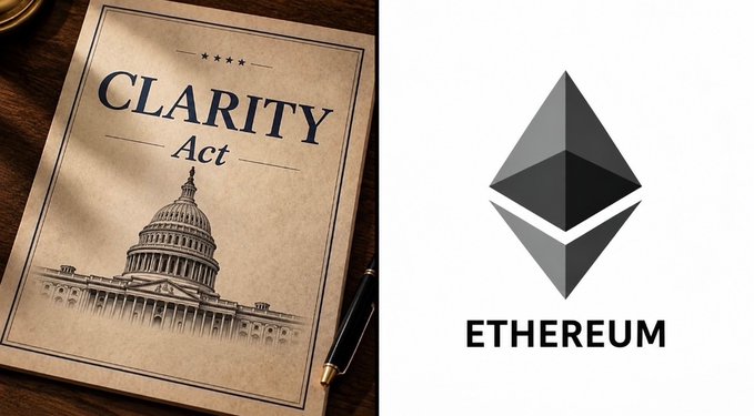 A split image shows a document titled "CLARITY Act" with an illustration of the U.S. Capitol on the left, paired with the Ethereum logo and "ETHEREUM" text on the right, visually connecting the proposed legislation to potential crypto market gains as suggested in the post.