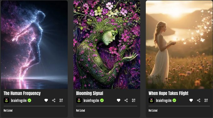 Three digital art pieces from user brainfrogxin titled 'The Human Frequency', 'Blooming Signal', and 'When Hope Takes Flight', featuring a cosmic figure, a floral humanoid, and a woman in a field respectively.