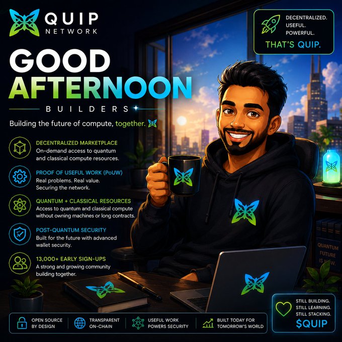 A promotional image for "QUIP NETWORK" featuring an illustrated man holding a branded mug, highlighting features like decentralized marketplace, Proof of Useful Work (PoUW), and 13,000+ early sign-ups.