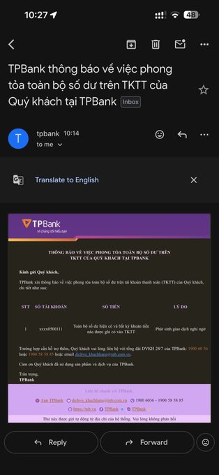 A screenshot of a Gmail email from TPBank (tpbank) dated 10:14, notifying the recipient that all savings account (TKTT) numbers for Quỹ khách tại TPBank have been locked, citing suspicious transaction activity for account xxxx050011 with a balance of 39.99.85, directing the customer to DVCK1 24/7 via 1900 60 60 85 for resolution. This relates to the post by illustrating a real example of a bank account being frozen due to flagged transactions, reinforcing the advice to keep transaction records and use a separate account for P2P trading.