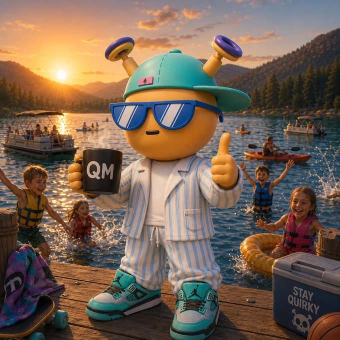 A 3D-rendered mascot character wearing a teal cap, sunglasses, striped outfit, and sneakers holds a mug reading "QM" and gives a thumbs up at a lakeside scene with people boating and swimming at sunset.