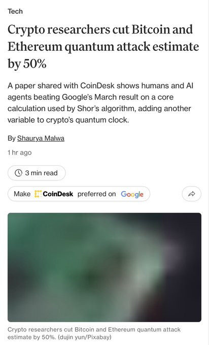 A CoinDesk Tech article headlined "Crypto researchers cut Bitcoin and Ethereum quantum attack estimate by 50%," authored by Shaurya Malwa, discussing a paper on Google's March quantum algorithm.