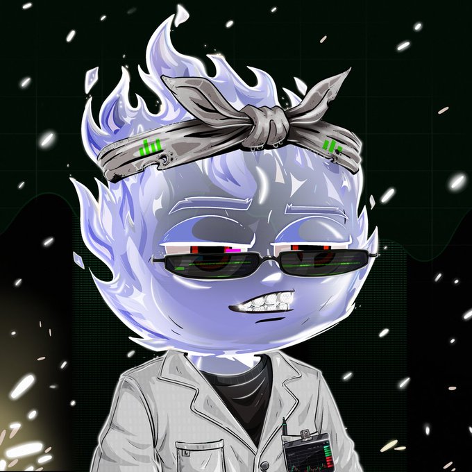 An animated illustration of a character with flame-like hair, wearing a tech visor and lab coat, set against a dark background with floating particles.