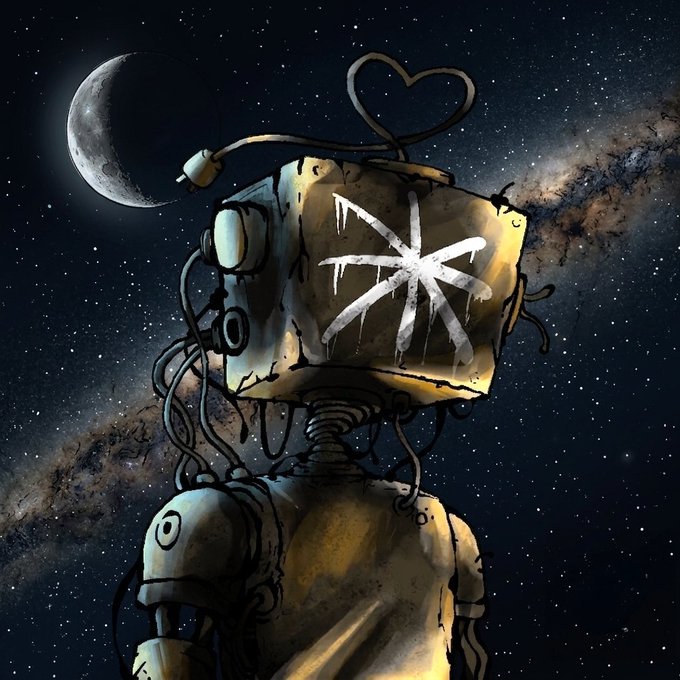 A digital artwork of a rusty robot with a boxy head featuring a symbol, set against a cosmic backdrop with a crescent moon and Milky Way.