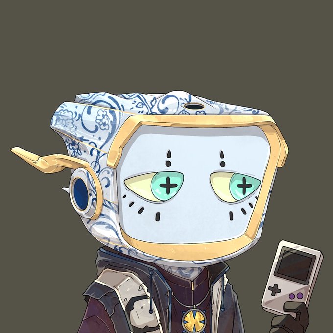An illustration of a robot-like character with a boxy white and blue patterned head featuring green cross-shaped eyes, wearing a dark jacket and holding a handheld gaming device.