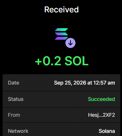 A screenshot of a successful Solana wallet transaction showing a "Received" amount of +0.2 SOL from the address Hesj...2XF2 on Sep 25, 2026, which serves as proof of the minimum 0.2 SOL purchase for the $SIGMABULL presale mentioned in the post.