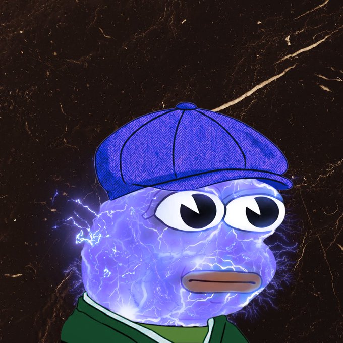 A cartoonish blue, lightning-veined character wearing a purple herringbone cap and green hoodie stands against a dark marble background, matching the playful "gm" meme vibe of the post to promote a Pump Fun Pepe NFT giveaway for 0.4 SOL.