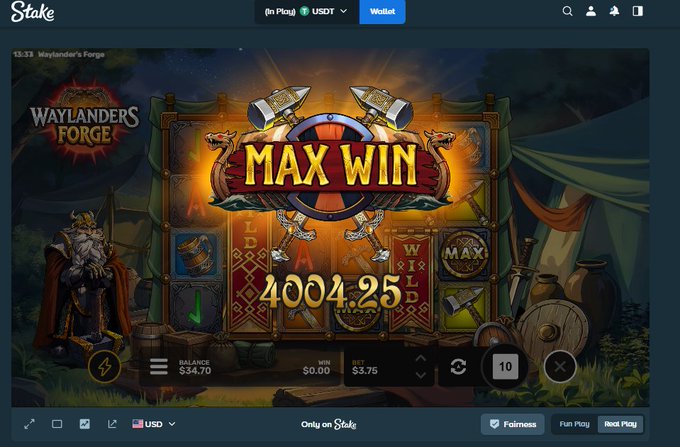 A screenshot from Stake.com showing a "MAX WIN" of $4004.25 on the slot game "Waylander's Forge" with a $3.75 bet and $34.70 balance, matching the post's celebration of a big slot win.
