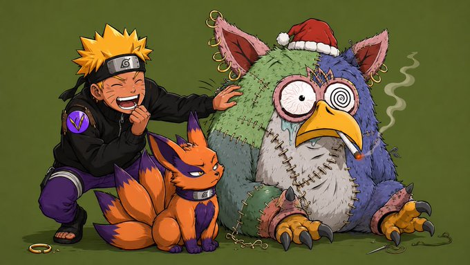 A cartoon image shows a Naruto-like character laughing next to a small orange fox, with a bizarre stitched-together owl-bird hybrid creature wearing a Santa hat and holding a cigarette beside them. The whimsical illustration ties into the "hunt robbing the hood" giveaway theme, with the patched-up "crazy bird" creature serving as a playful visual metaphor for the odd prize catch mentioned in the post.