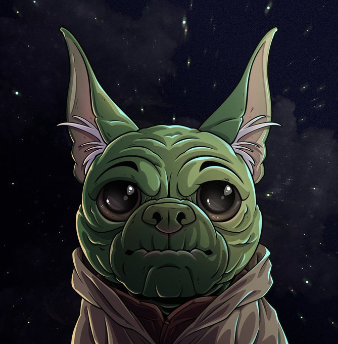 A cartoonish green French Bulldog with large pointed ears and big expressive eyes stares forward against a starry night sky, reinforcing the post's Star Wars/Jedi-themed reference to the "Frenchies" NFT collection. The dog's serious, contemplative expression complements the "force-believing" tone of the message celebrating 80K trading volume for @apecoin.