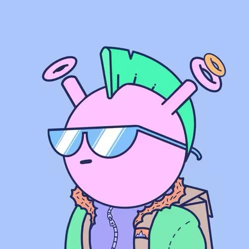 A stylized pink NFT character with green mohawk, antennae, and blue-tinted sunglasses poses against a light blue background, representing the QuirkiesNFT community mentioned in the post about long-term NFT holding and community loyalty through market cycles.