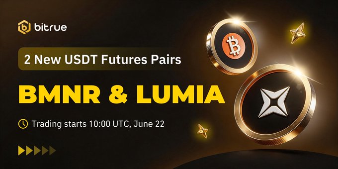 The image features a poster for Bitrue's new offerings of two new USDT Futures Pairs, BMNR & Lumia. The poster has a gold background with black text that reads "BMNR & Lumia Up to 20x leverage Trading starts: 10:00 UTC, June 22". The poster also includes a small image of a coin and the words "support.bitrue.com/hc/en-001/arti" which is likely related to the Bitrue platform or service being advertised.
