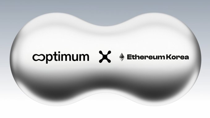 The image shows a sleek, silver, metallic blob-like logo design featuring the "optimum" wordmark alongside the Ethereum diamond symbol and the text "Ethereum Korea," visually representing Optimum's official partnership with the Ethereum Korea Consortium as mentioned in the accompanying announcement.