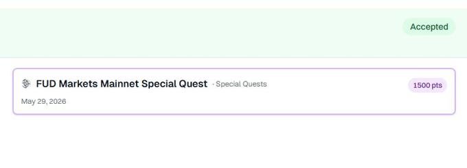 The image shows a screenshot of a website called FUD Market Quest, which appears to be a marketplace where people can trade or sell items for points. The post has been updated with new information about an upcoming special guest event happening May 29th at 10am. It seems that the website is actively receiving user engagement in the form of points for participating and checking out.