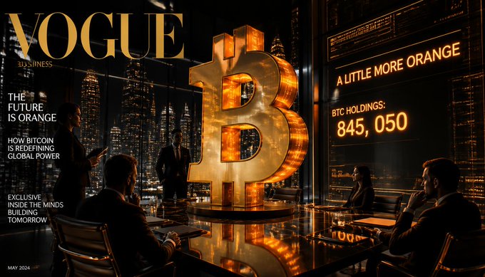 A Vogue Business magazine cover dated May 2026 titled 'THE FUTURE IS ORANGE' featuring a glowing orange Bitcoin symbol with headlines 'HOW BITCOIN IS REDEFINING GLOBAL POWER' and a screen showing 'BTC HOLDINGS: 845,050'.