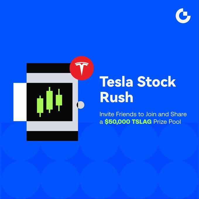 A promotional graphic on a blue background advertises 'Tesla Stock Rush' with text reading 'Invite Friends to Join and Share a $50,000 TSLAG Prize Pool' alongside a candlestick chart and Tesla logo.