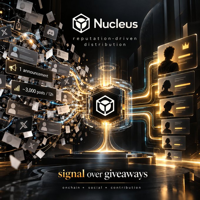 A promotional graphic for 'Nucleus' featuring 'reputation-driven distribution' with the tagline 'signal over giveaways' and 'onchain + social + contribution'.