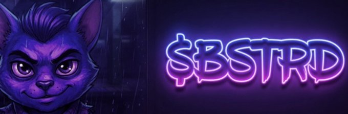 A split graphic featuring an illustrated purple cat-like character on the left and neon-style '$BSTRD' text on the right.