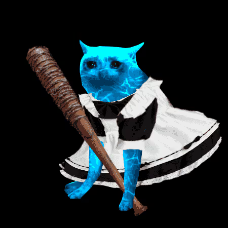 A surreal digital image of a cat's head and paws, rendered in a glowing bright blue, attached to a body wearing a black and white maid dress and holding a spiked wooden baseball bat against a black background.