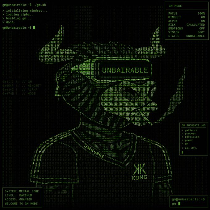 A stylized ASCII portrait in green matrix-style code displays a hooded figure wearing a "UNBAIRABLE" VR headset, with "GM" and "KONG" branding on the clothing and a sidebar showing stats like "STATUS: UNBAIRABLE" and "VISION 360°." The terminal aesthetic, "GM_THoughtS.lOG" entries (patience, process, precision, power), and "GM MODE" interface reinforce the post's bullish "Gm to all the bulls" greeting, blending crypto meme culture with a hacker terminal theme.