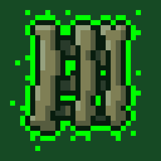 A pixel art style emblem featuring the word "LIFE" in brown/gold tones with green splatter effects around it, set against a dark green background.