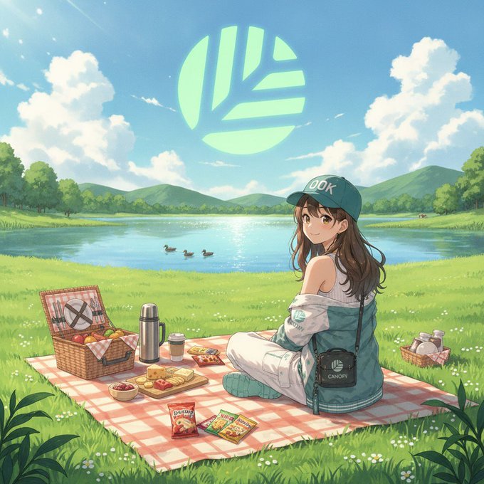 An anime-style illustration of a girl having a picnic by a lake with snacks, wearing a cap and jacket, with a green leaf logo in the sky.