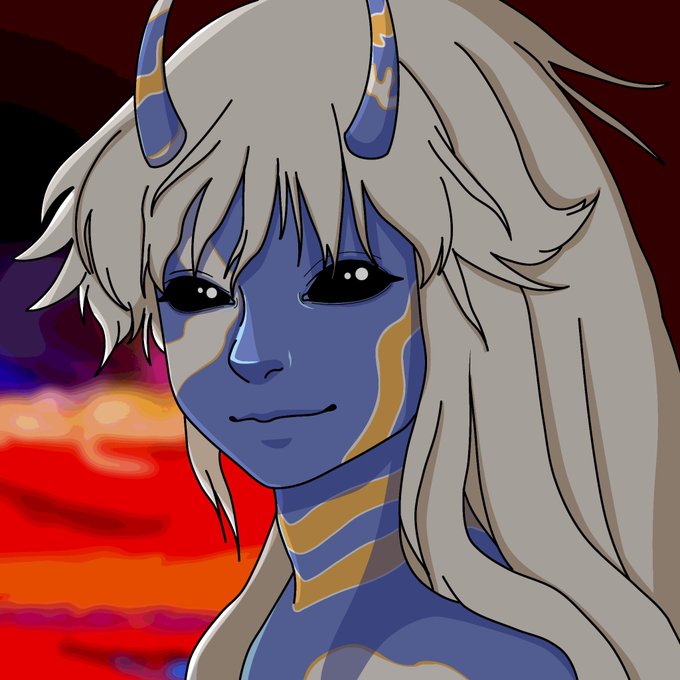 An anime-style digital illustration of a blue-skinned character with white hair and golden horns, set against a vibrant red and orange background.