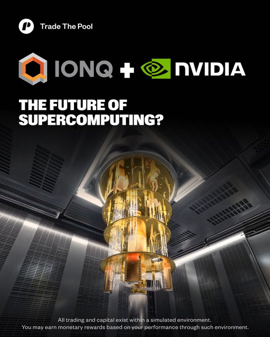 A promotional graphic titled 'THE FUTURE OF SUPERCOMPUTING?' featuring IonQ and Nvidia logos, showing a golden quantum computing chamber.