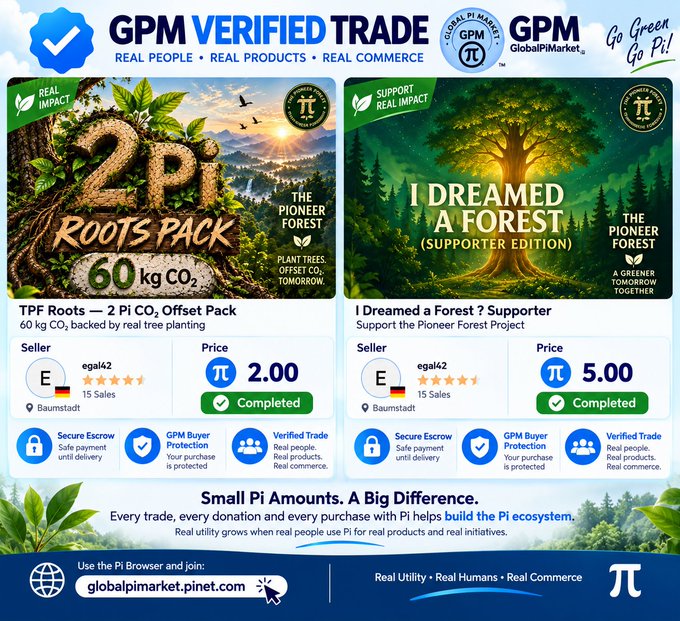 A promotional graphic for 'GPM VERIFIED TRADE' on Global Pi Market featuring two products: a 'TPF Roots - 2 Pi CO2 Offset Pack' priced at 2.00 Pi and an 'I Dreamed a Forest Supporter Edition' priced at 5.00 Pi, both from seller egal42 with 15 sales.