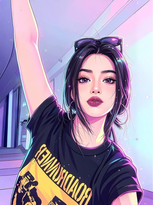 In this image, there's a girl with long hair wearing sunglasses and a black t-shirt that says "The future won't be built by a single breakthrough. It will come from multiple frontiers advancing together." She has her arm raised in the air, as if she is posing for a photo or participating in an event. The background of the image features a purple sky with stars, which adds to the overall atmosphere and mood of the scene.