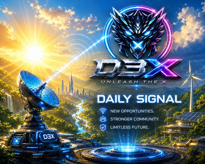 A futuristic promotional graphic for "D3X DAILY SIGNAL" featuring a robotic wolf head logo, satellite dish, and tagline "UNLEASH THE X - NEW OPPORTUNITIES. STRONGER COMMUNITY. LIMITLESS FUTURE."