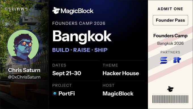 Promotional graphic for 'Founders Camp 2026 Bangkok' hosted by MagicBlock, featuring Chris Saturn (@0xChrisSaturn) with details: Sept 21-30, 'Hacker House' theme, PortFi project, and partners EPNS and IT.