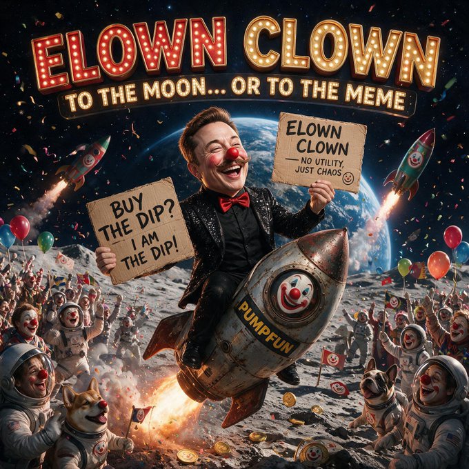 A vibrant AI-generated meme titled "ELOWN CLOWN - TO THE MOON... OR TO THE MEME" showing a man in clown makeup riding a rocket labeled "PUMPFUN" while holding signs reading "BUY THE DIP? I AM THE DIP!" and "ELOWN CLOWN - NO UTILITY, JUST CHAOS".