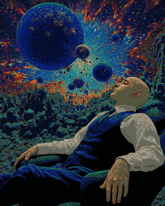 A stylized illustration shows a bald figure reclining in a chair, gazing upward at a vibrant, cosmic scene filled with large blue planets and swirling orange and teal nebulae.