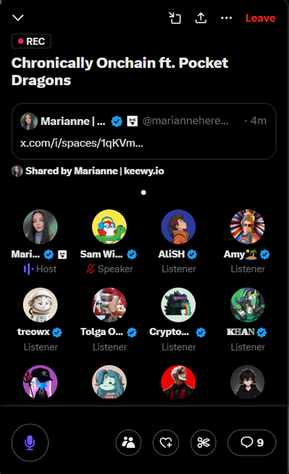 A Twitter Spaces interface titled 'Chronically Onchain ft. Pocket Dragons', recording with host 'Marianne', speaker 'Sam Wi...', and several listeners visible in a grid.