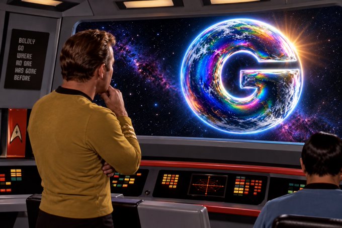 A Star Trek-style scene shows a man in a yellow uniform looking out a window at Earth formed into the letter 'G' surrounded by cosmic colors, with the sign 'BOLDLY GO WHERE NO ONE HAS GONE BEFORE' visible.