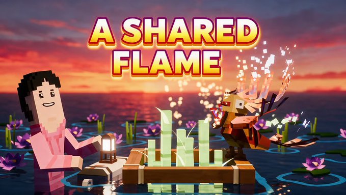 A Minecraft-style animated image displays the text "A SHARED FLAME" above two pixelated characters and a creature with a fiery mane by water with lily pads at sunset.
