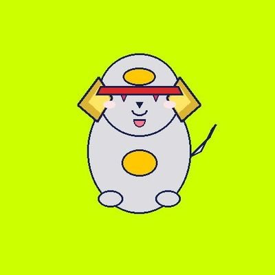 A cute cartoon mouse-like creature with a gray and white body, gold accents, and a red headband, set against a green background.
