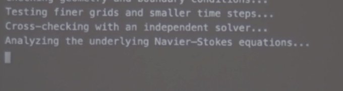 A computer screen displaying the text: 'Testing finer grids and smaller time steps... Cross-checking with an independent solver... Analyzing the underlying Navier-Stokes equations...'