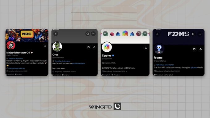 Four profile cards displayed on a grid background showing NFT collection pages: 'MajesticRoostersOS' (with 'MRC' banner), 'Orcs' (tavernmaster), 'Zippies', and 'fooms', with 'WINGFO' logo at the bottom.