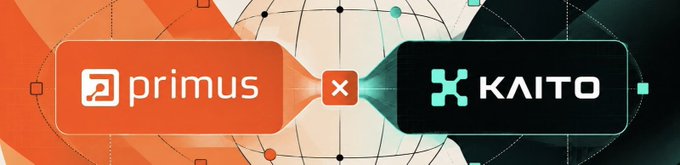 A banner featuring the Primus logo on an orange background on the left and the Kaito logo on a dark background on the right, separated by a small "X" symbol, visually announcing Primus's listing on Kaito AI. The design reflects the partnership highlighted in the accompanying post, which emphasizes Primus's work on zkTLS technology for privacy-preserving verification.