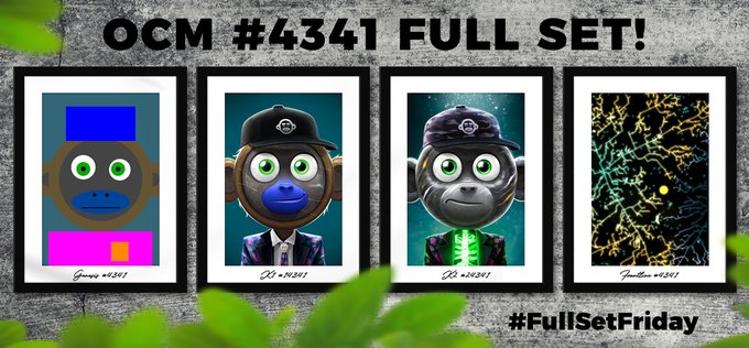 An advertisement titled 'OCM #4341 FULL SET!' displays four framed monkey-themed digital artworks, tagged with '#FullSetFriday'.