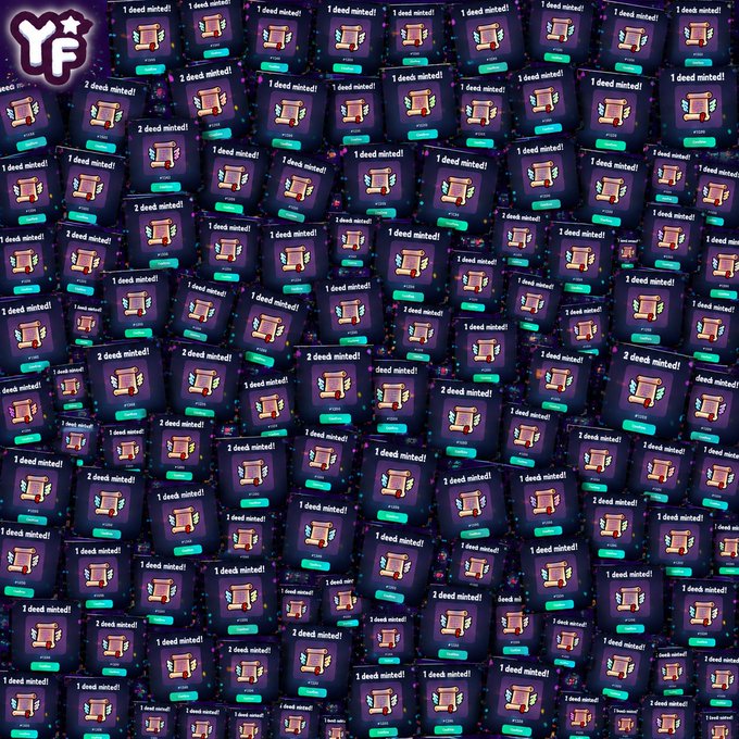 The image displays a collage of Deed NFT mint confirmation notifications from YieldFields, with recurring messages like "1 deed minted!" and "2 deed minted!" stamped across the dark purple background. This visual reinforces the post's claim about strong demand for the Deed NFT mint, showing the high volume of successful mints as 2,248 of 2,445 GTD mints have already been completed.