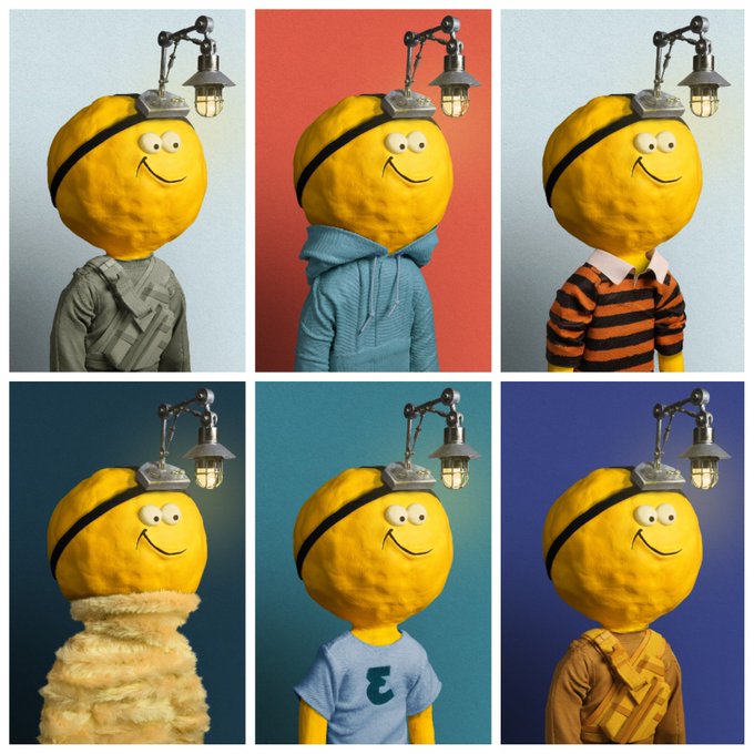 A 3x2 grid of stylized portraits featuring yellow smiley-face heads wearing various outfits (hoodie, striped shirt, fur coat, t-shirt) against colorful backgrounds, with a small lamp attached to each head.