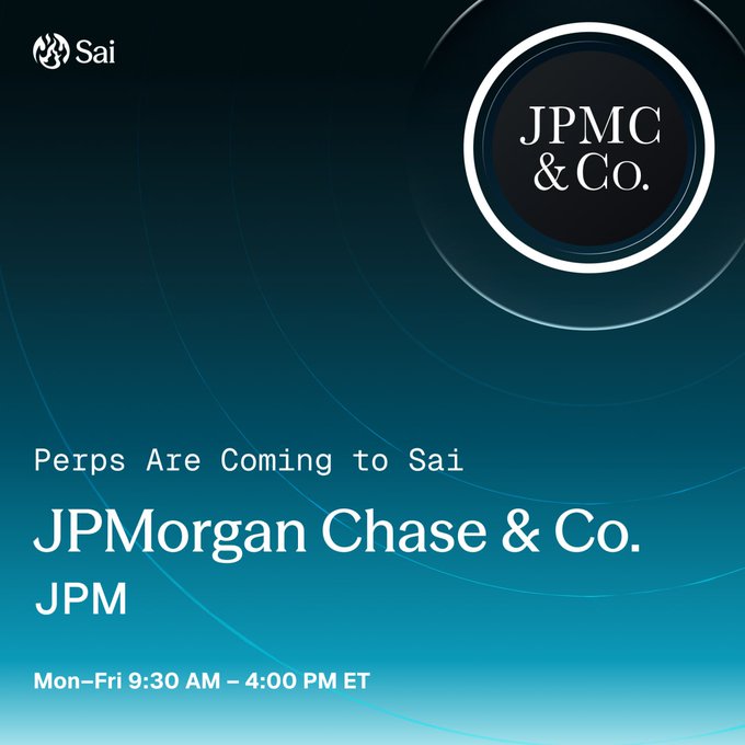 The image features a promotional poster for JPMorgan Chase & Co., which is an investment bank, that is coming live on Saturday, June 23 at 9:30 AM. The poster includes a logo of a circle with a black dot inside, representing the company's name and the event they are hosting. The text in the image indicates that perps are coming to Sai next week, and there will be an app available for trading with up to 100x leverage, settled in USDC.