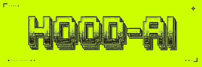 A vibrant pixelated "HOOD-AI" logo in bold black letters with a glitch effect on a bright neon green background, promoting a HoodAI free mint giveaway on the Robinhood chain.