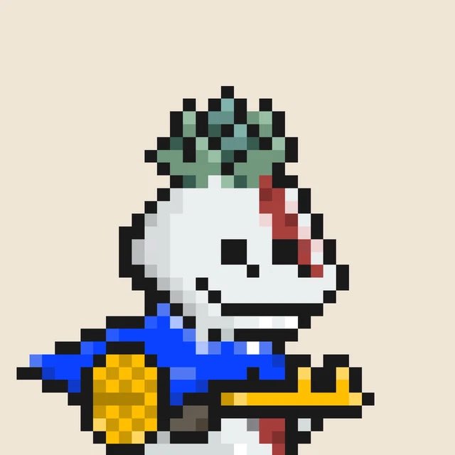 Pixel art illustration of an anthropomorphic white animal character wearing a green leaf hat, a blue jacket, and a yellow checkered backpack, holding a sword and showing a bloody wound on its head.